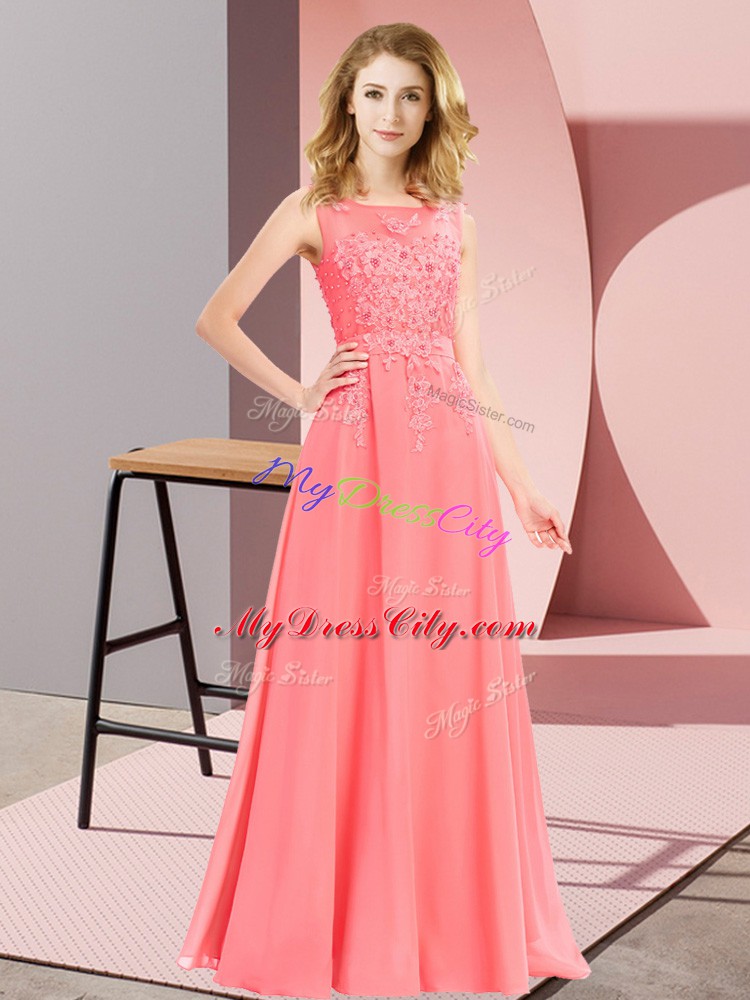 Chiffon Scoop Sleeveless Zipper Beading and Appliques Bridesmaids Dress in Watermelon Red