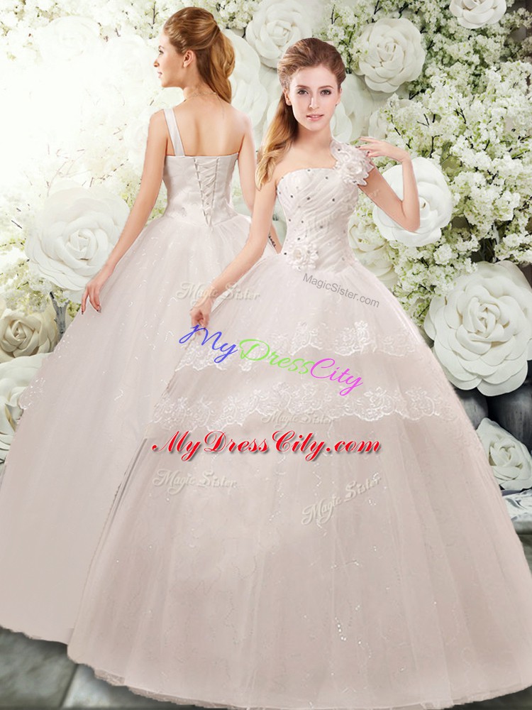 Colorful White Straps Neckline Beading and Lace and Hand Made Flower Wedding Gowns Sleeveless Lace Up