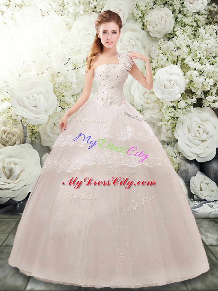 Colorful White Straps Neckline Beading and Lace and Hand Made Flower Wedding Gowns Sleeveless Lace Up