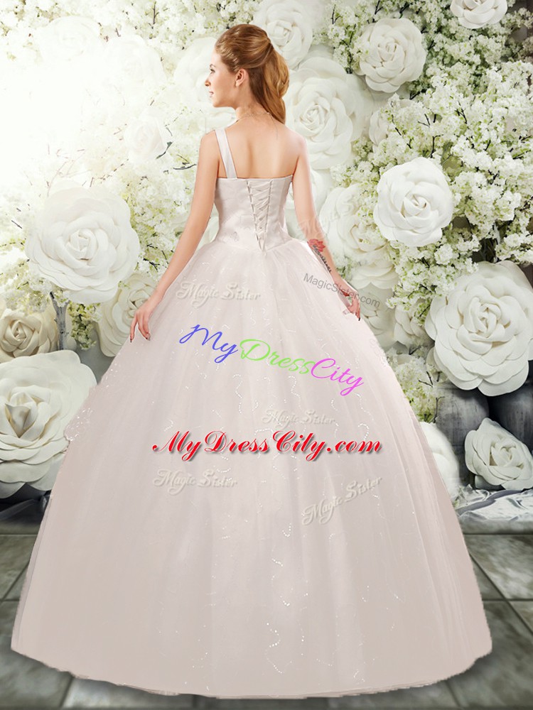 Colorful White Straps Neckline Beading and Lace and Hand Made Flower Wedding Gowns Sleeveless Lace Up