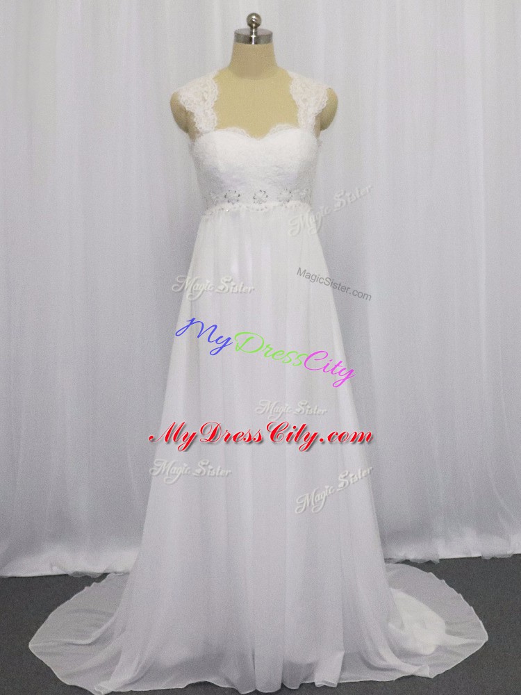 Straps Sleeveless Chiffon Wedding Gown Beading and Lace Brush Train Lace Up