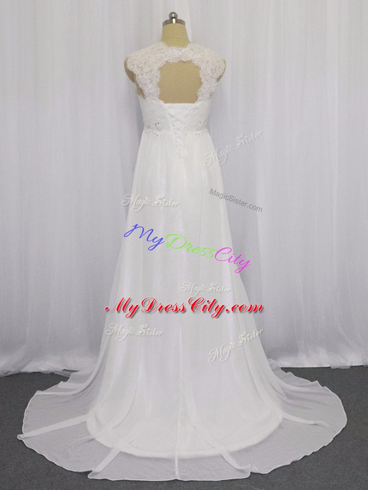 Straps Sleeveless Chiffon Wedding Gown Beading and Lace Brush Train Lace Up