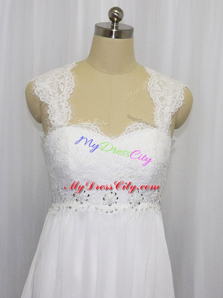 Straps Sleeveless Chiffon Wedding Gown Beading and Lace Brush Train Lace Up