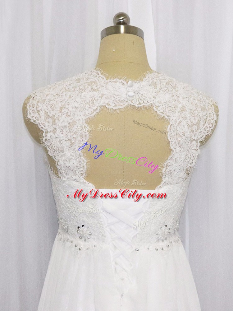 Straps Sleeveless Chiffon Wedding Gown Beading and Lace Brush Train Lace Up