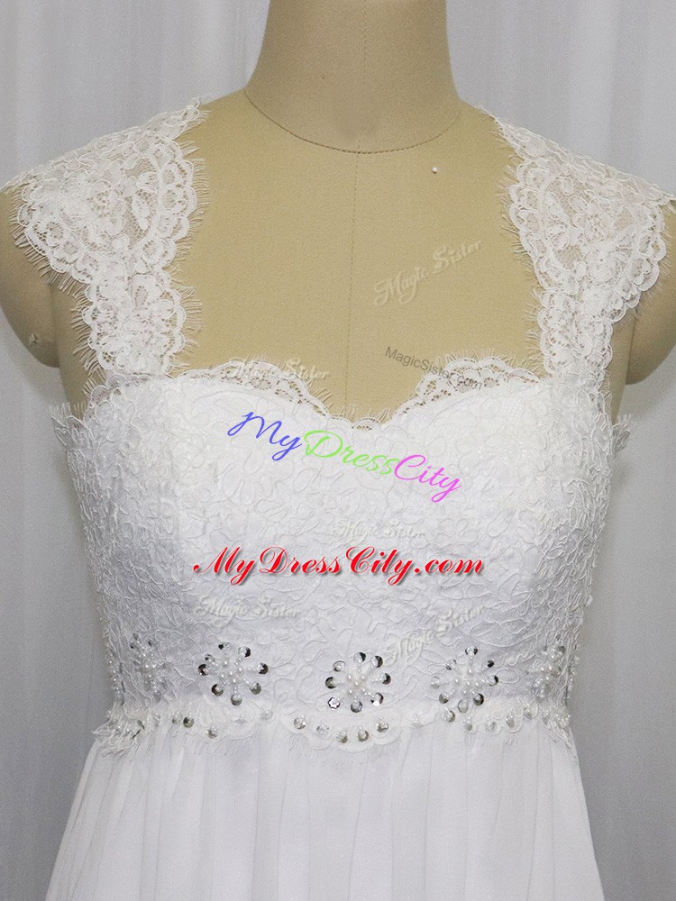 Straps Sleeveless Chiffon Wedding Gown Beading and Lace Brush Train Lace Up