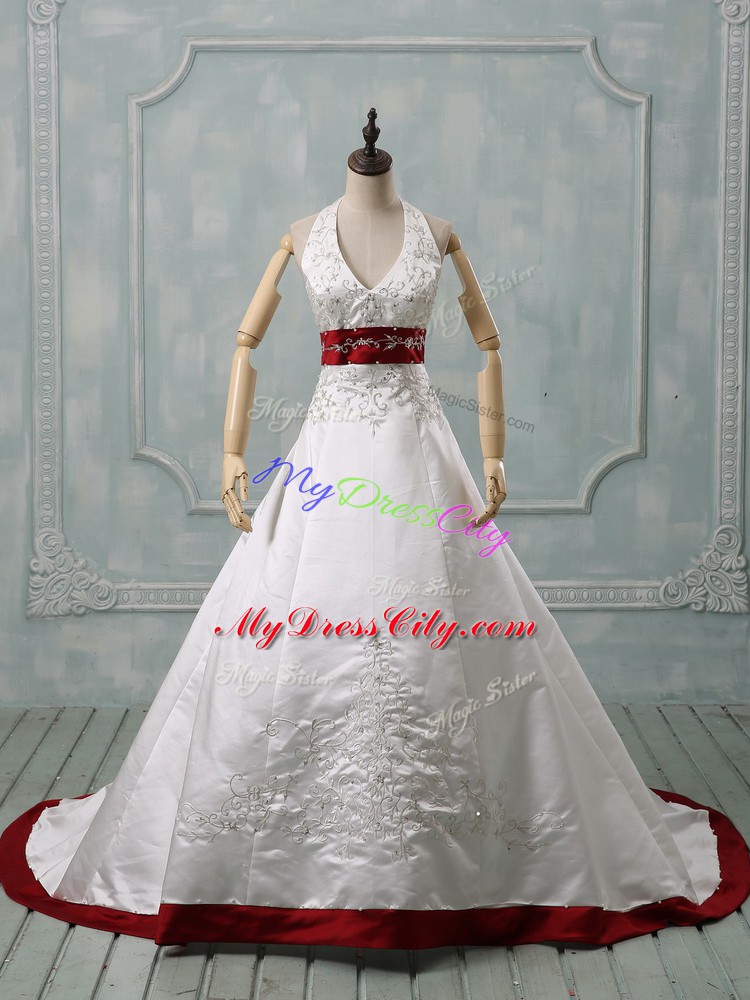 Gorgeous Satin Sleeveless Bridal Gown Brush Train and Beading and Embroidery