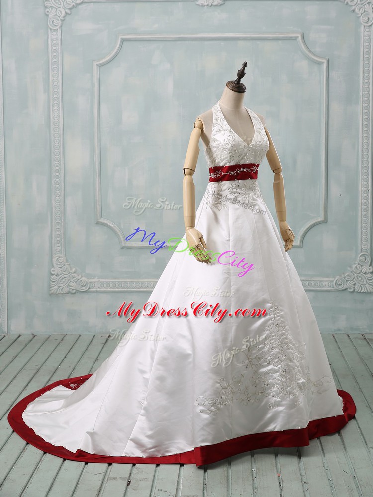 Gorgeous Satin Sleeveless Bridal Gown Brush Train and Beading and Embroidery