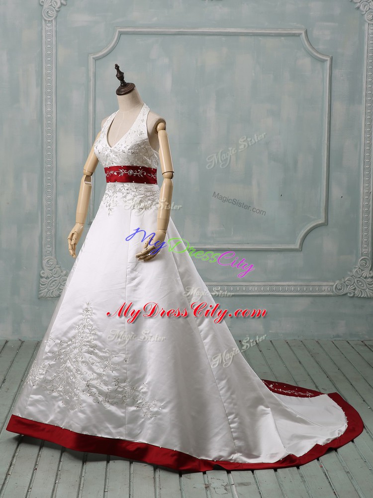 Gorgeous Satin Sleeveless Bridal Gown Brush Train and Beading and Embroidery