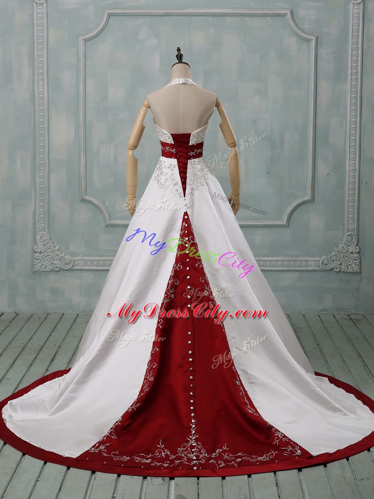 Gorgeous Satin Sleeveless Bridal Gown Brush Train and Beading and Embroidery