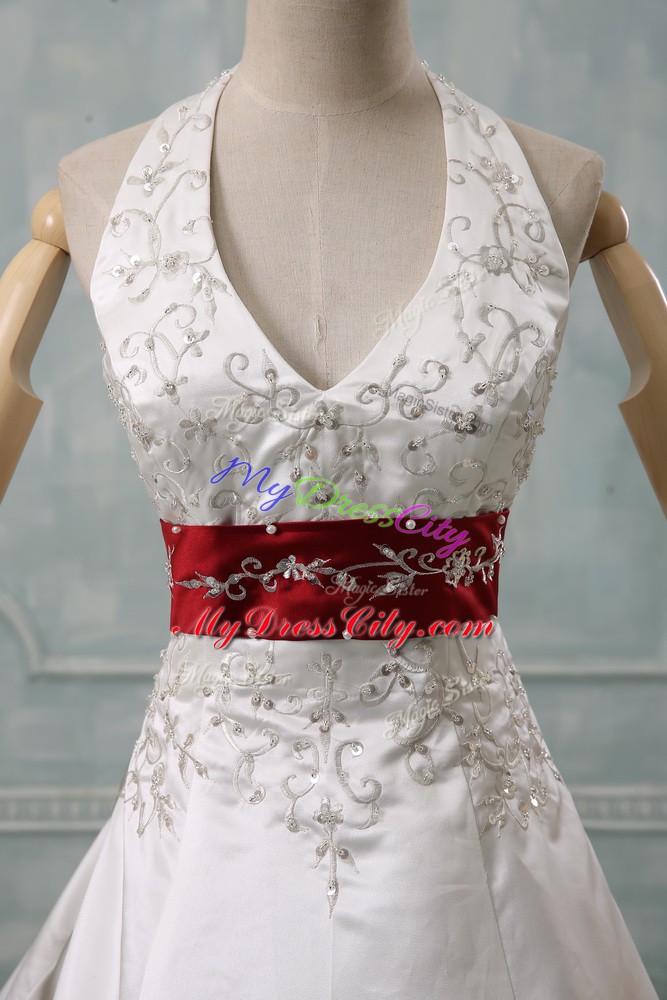 Gorgeous Satin Sleeveless Bridal Gown Brush Train and Beading and Embroidery