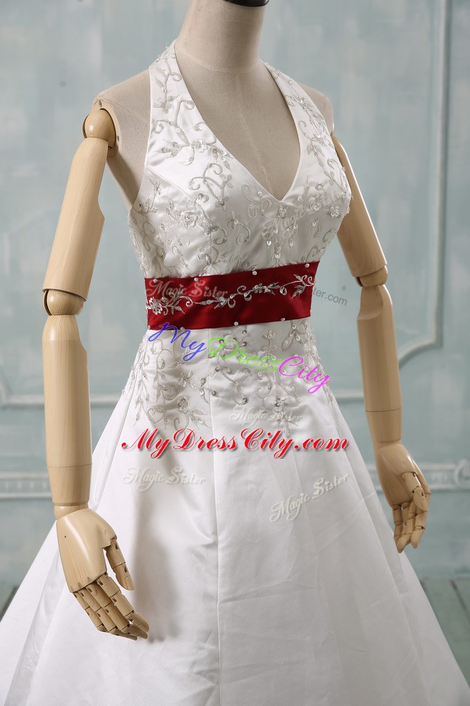 Gorgeous Satin Sleeveless Bridal Gown Brush Train and Beading and Embroidery