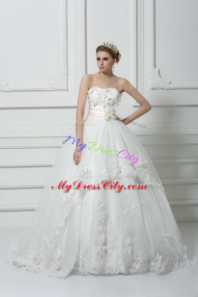 Sleeveless Brush Train Lace Up Lace and Appliques and Hand Made Flower Wedding Gown