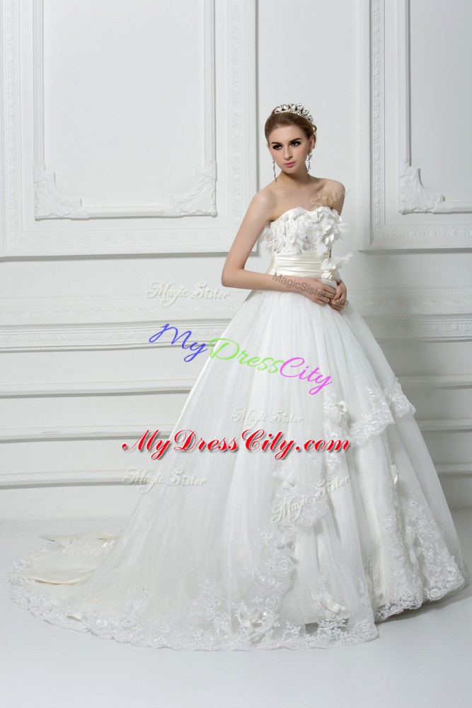 Sleeveless Brush Train Lace Up Lace and Appliques and Hand Made Flower Wedding Gown