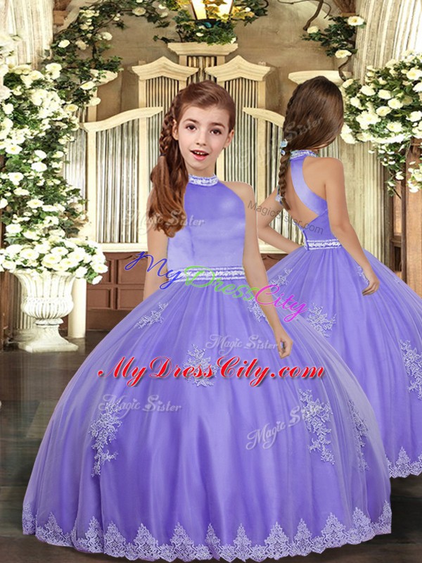 Lavender Backless High-neck Appliques Pageant Dress for Girls Tulle Sleeveless