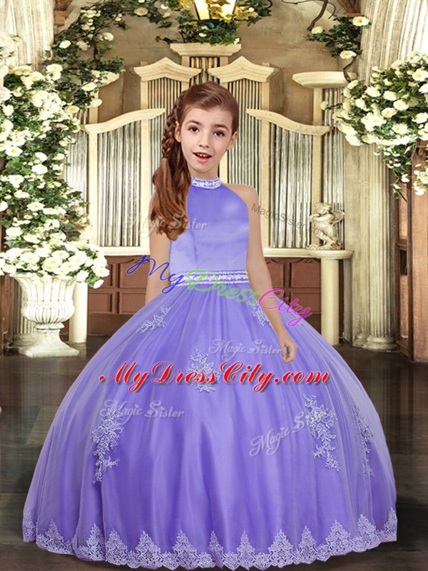 Lavender Backless High-neck Appliques Pageant Dress for Girls Tulle Sleeveless