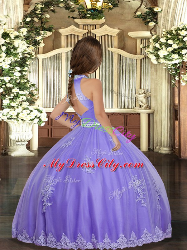 Lavender Backless High-neck Appliques Pageant Dress for Girls Tulle Sleeveless