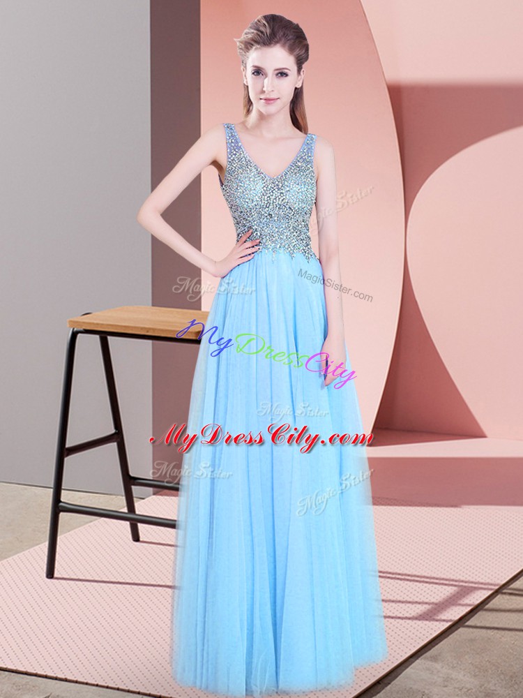 Floor Length Zipper Prom Dress Baby Blue for Prom and Party with Beading