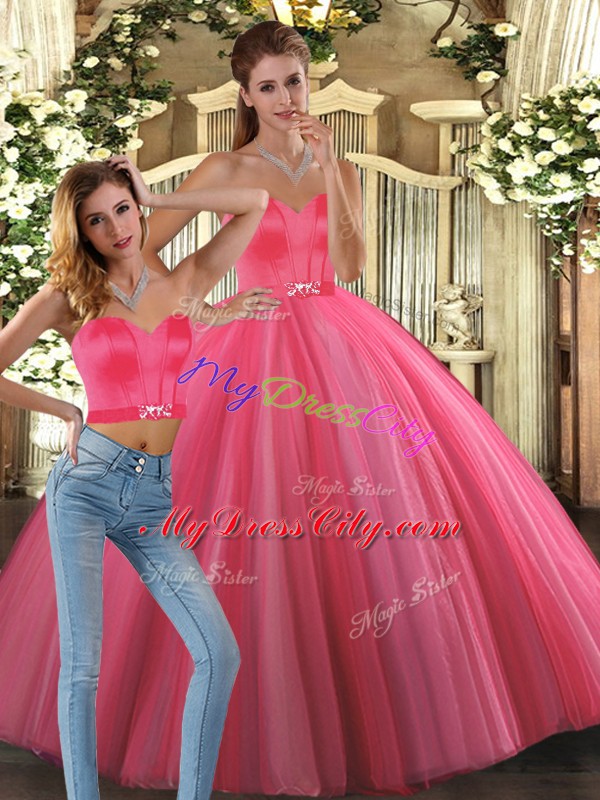 Coral Red Sweetheart Neckline Beading Ball Gown Prom Dress Sleeveless Lace Up