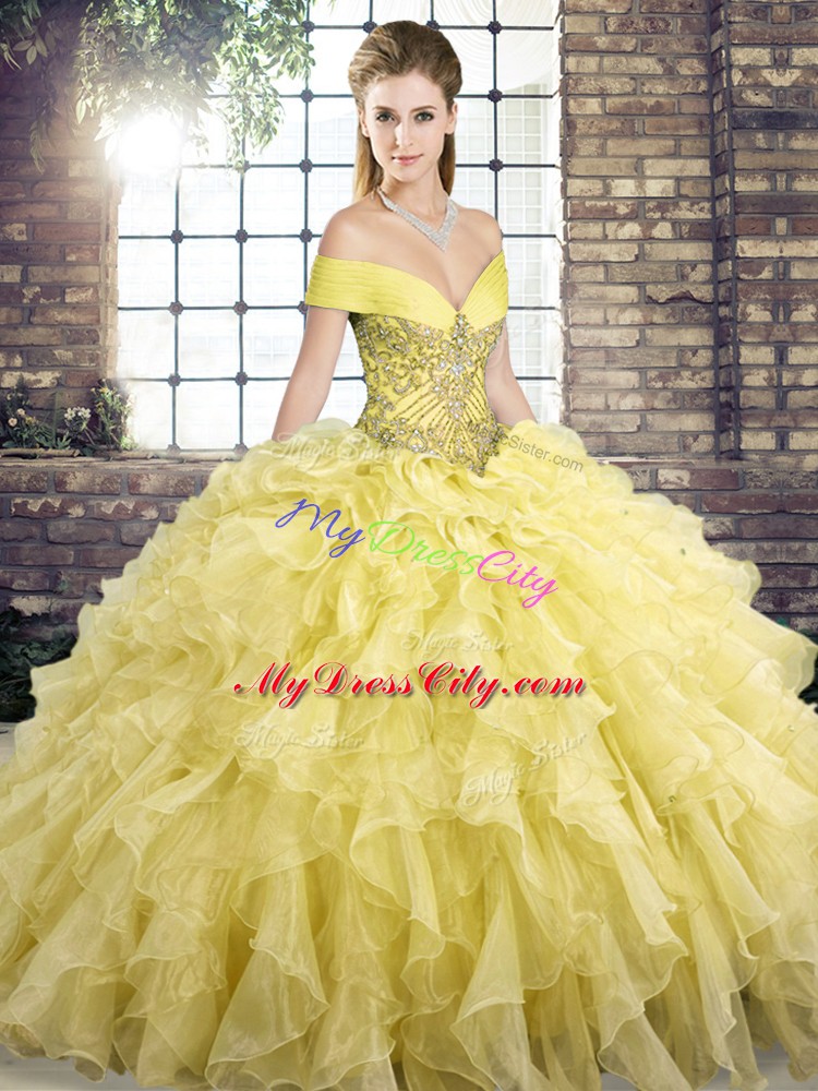 Ball Gowns Sleeveless Yellow Quinceanera Gowns Brush Train Lace Up