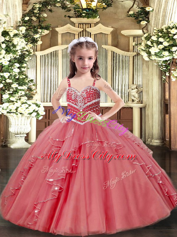 Tulle Sleeveless Floor Length Girls Pageant Dresses and Beading and Ruffles