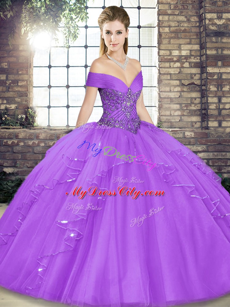 Tulle Off The Shoulder Sleeveless Lace Up Beading and Ruffles Quinceanera Dresses in Lavender