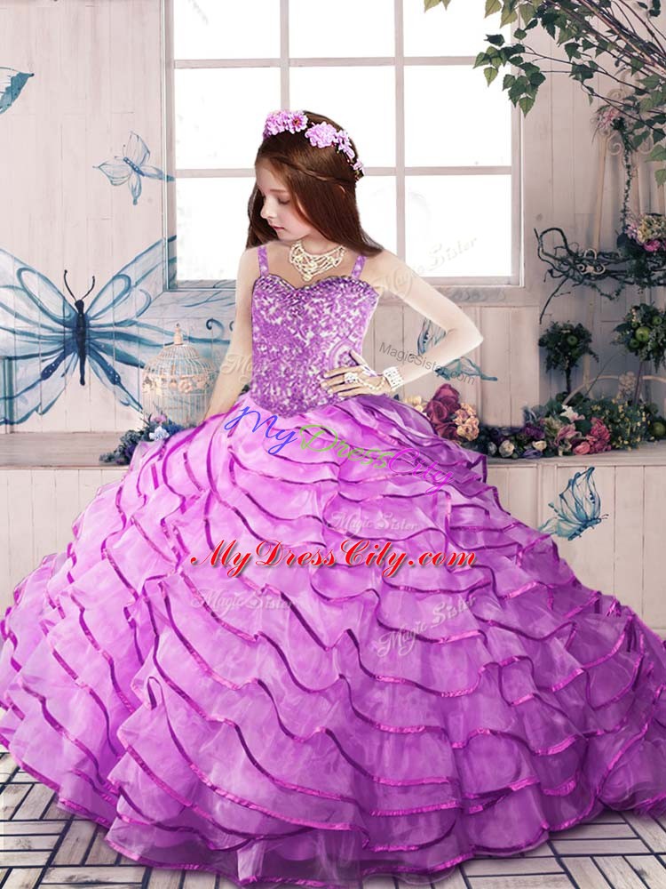 Lilac Straps Lace Up Ruffled Layers Little Girl Pageant Gowns Court Train Sleeveless