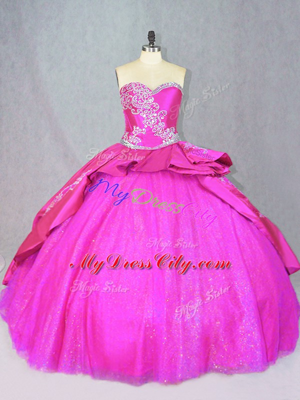 Lace Up 15th Birthday Dress Hot Pink for Sweet 16 and Quinceanera with Beading and Embroidery Court Train