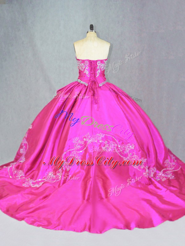 Lace Up 15th Birthday Dress Hot Pink for Sweet 16 and Quinceanera with Beading and Embroidery Court Train