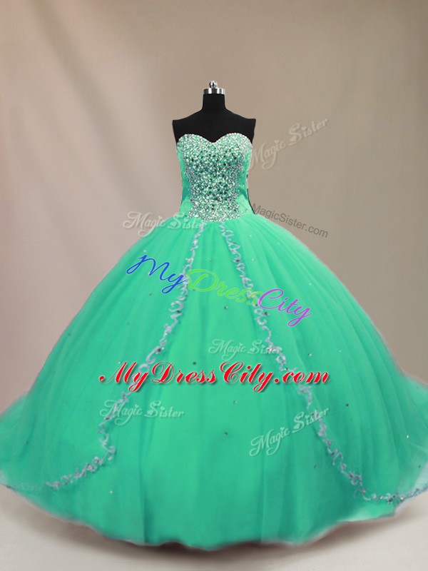 Low Price Sleeveless Court Train Beading Lace Up Quinceanera Gowns