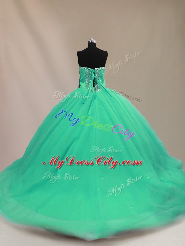 Low Price Sleeveless Court Train Beading Lace Up Quinceanera Gowns