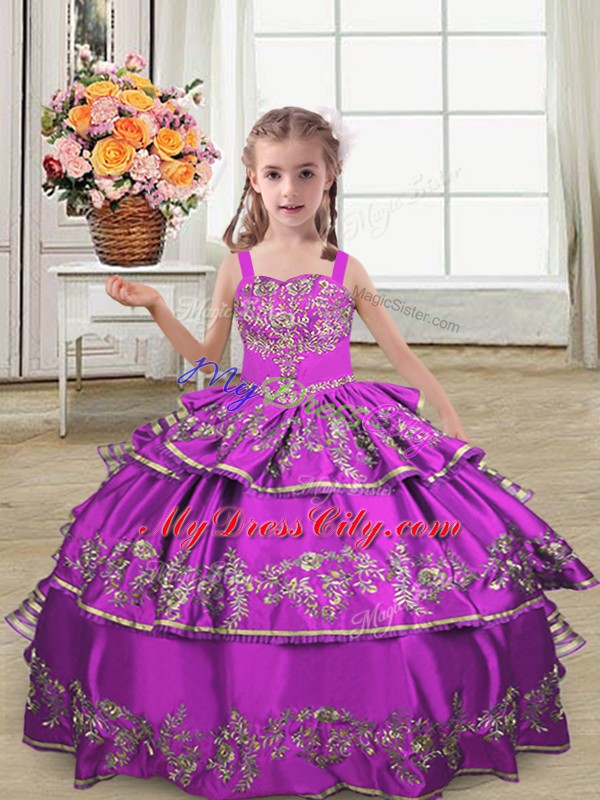 Purple Sleeveless Embroidery and Ruffled Layers Floor Length Pageant Dress for Womens