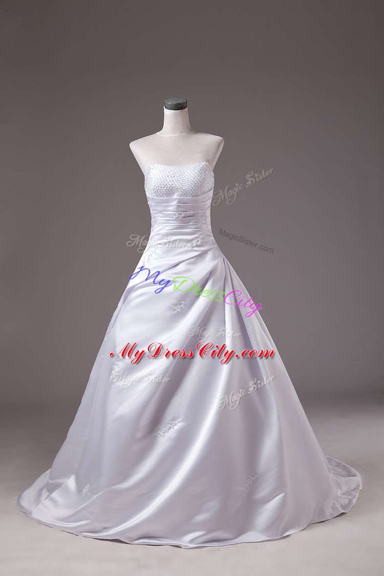 White Sleeveless Brush Train Beading Bridal Gown