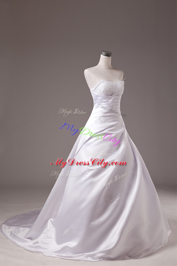 White Sleeveless Brush Train Beading Bridal Gown