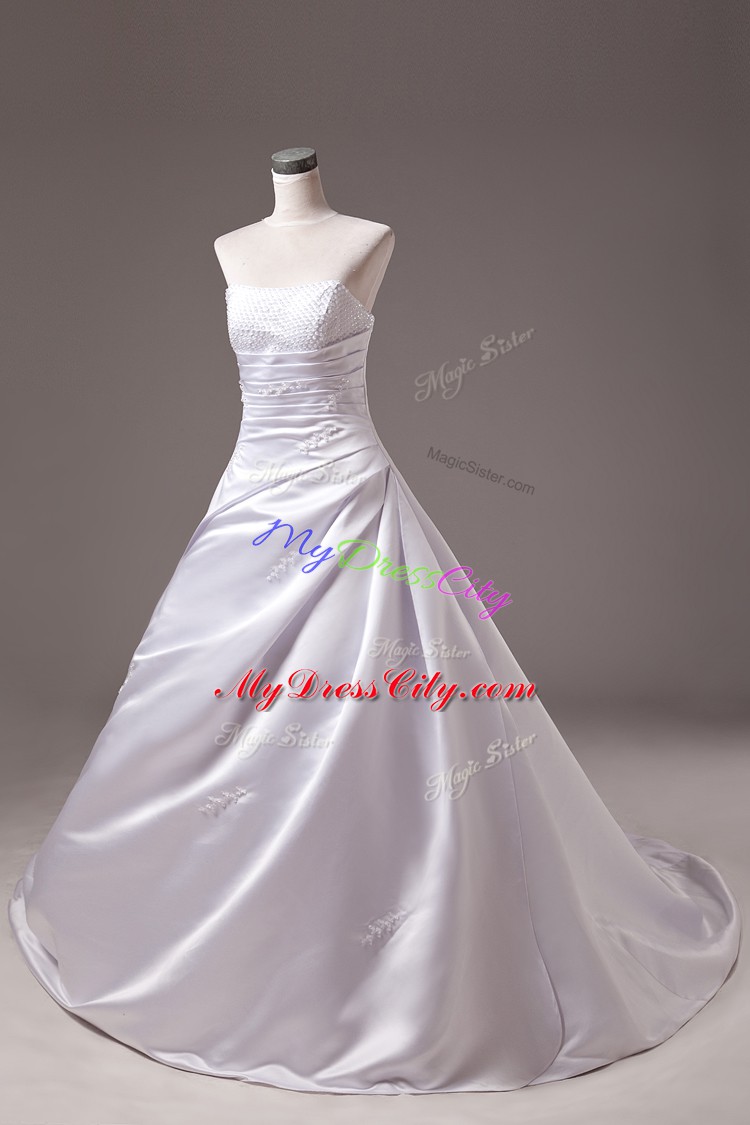 White Sleeveless Brush Train Beading Bridal Gown