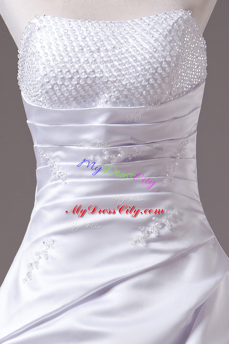 White Sleeveless Brush Train Beading Bridal Gown