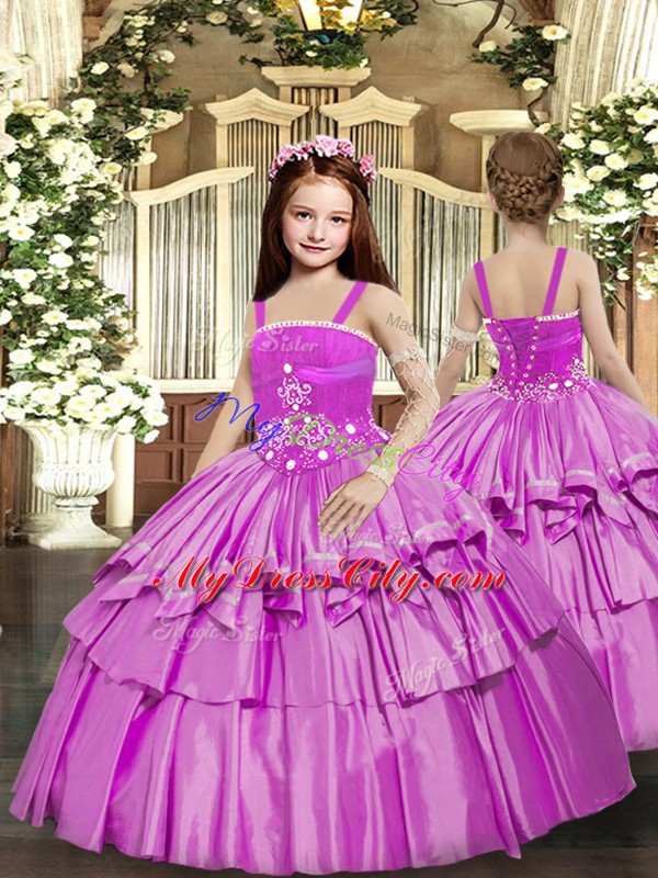 Admirable Sleeveless Taffeta Floor Length Lace Up Child Pageant Dress in Lilac with Beading and Ruffled Layers