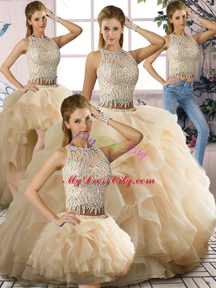 Champagne Sleeveless Floor Length Beading and Ruffles Zipper Quince Ball Gowns