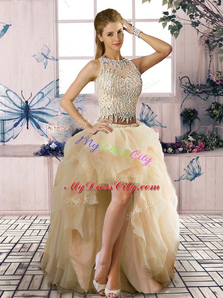 Champagne Sleeveless Floor Length Beading and Ruffles Zipper Quince Ball Gowns