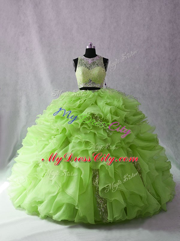 Sleeveless Beading and Ruffles Zipper Sweet 16 Quinceanera Dress with Brush Train