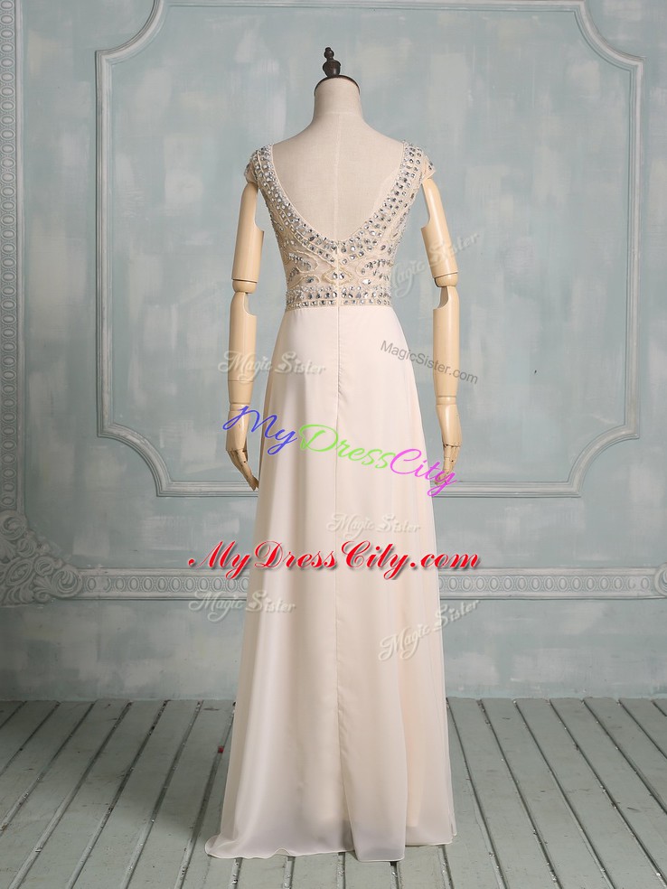 Lovely Scoop Cap Sleeves Backless Celebrity Evening Dresses Champagne Chiffon