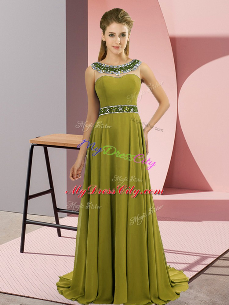 Great Empire Sleeveless Olive Green Juniors Evening Dress Brush Train Zipper