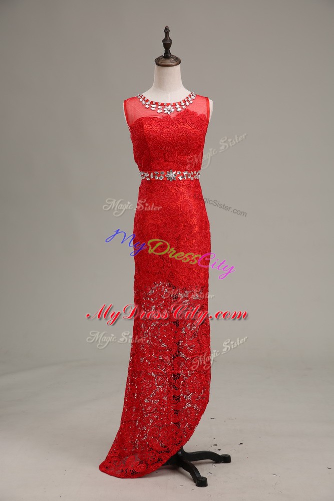 Red Scoop Zipper Beading Prom Party Dress Sleeveless