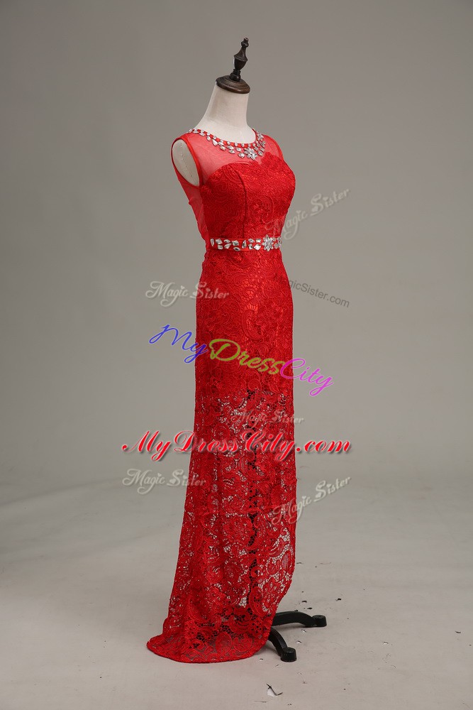 Red Scoop Zipper Beading Prom Party Dress Sleeveless