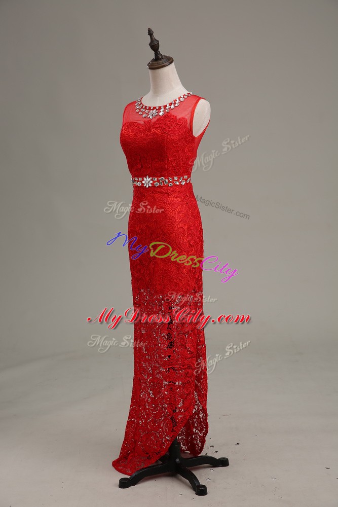 Red Scoop Zipper Beading Prom Party Dress Sleeveless