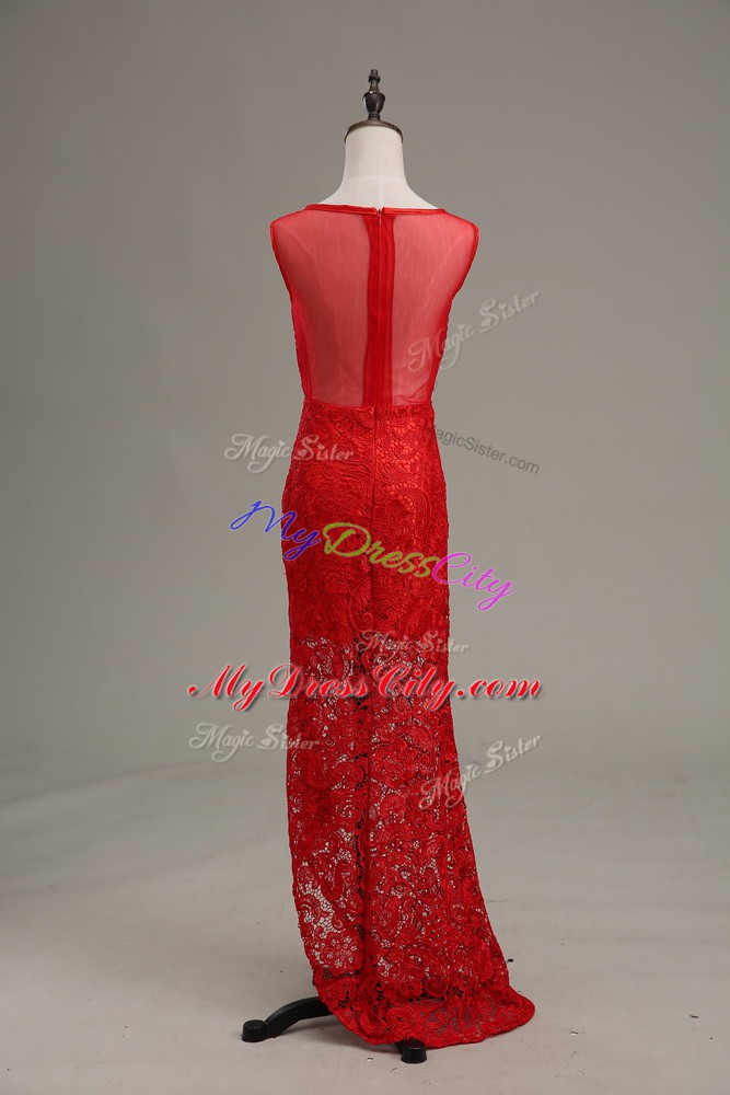 Red Scoop Zipper Beading Prom Party Dress Sleeveless