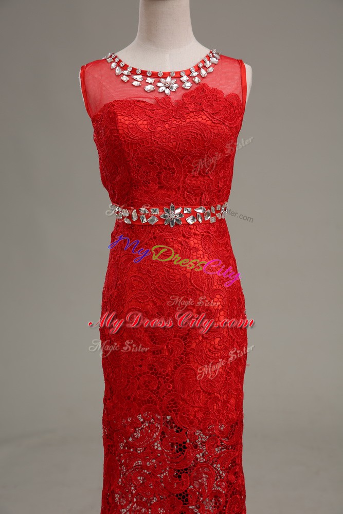 Red Scoop Zipper Beading Prom Party Dress Sleeveless