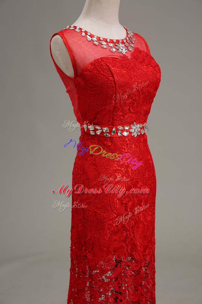 Red Scoop Zipper Beading Prom Party Dress Sleeveless