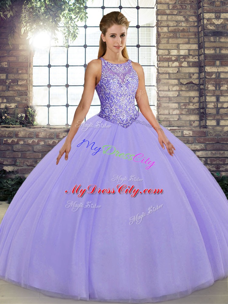 Vintage Tulle Scoop Sleeveless Lace Up Embroidery Sweet 16 Quinceanera Dress in Lavender