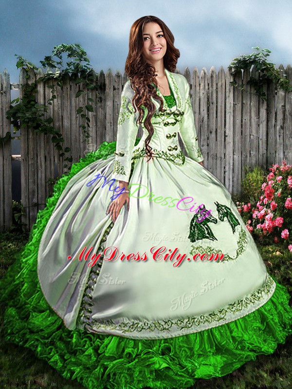 Top Selling Green Organza Lace Up Sweetheart Sleeveless Floor Length Quince Ball Gowns Embroidery and Ruffles