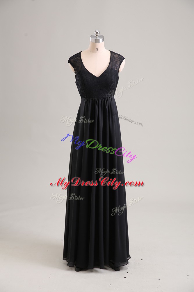 Suitable Floor Length Black Prom Dress V-neck Cap Sleeves Zipper